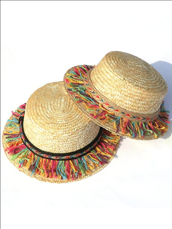 Girls Straw Hat With Rainbow Colored Tassels