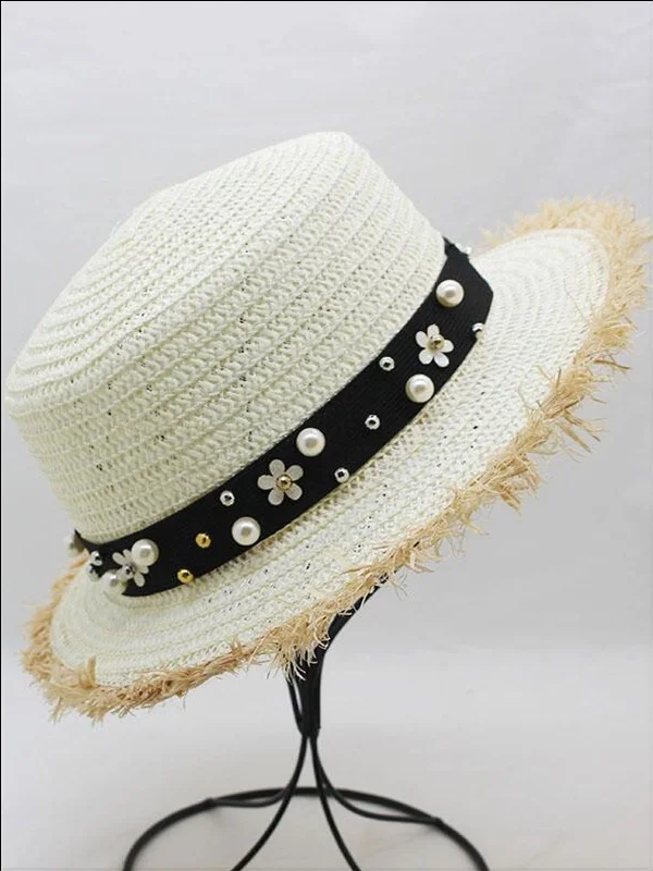 Girls Pearl Embellished Frayed Edge Straw Hat