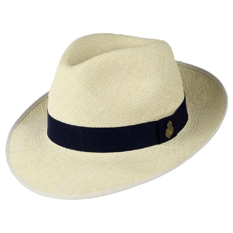 Christys Hats Classic Preset Panama Fedora Hat with Navy Band - Semi-Bleached