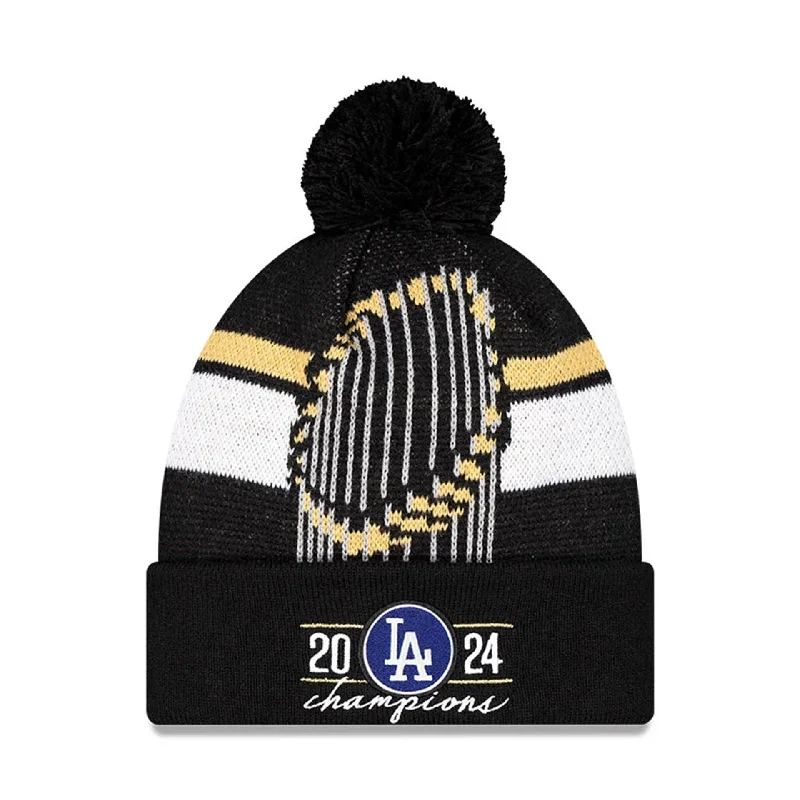 LA Dodgers MLB World Series Champions 2024 Black Bobble Knit Beanie Hat