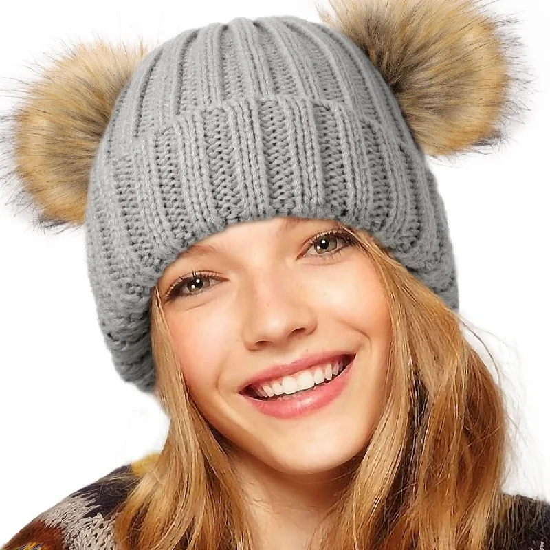 Winter Double Pom Pom Beanie Hats Detachable Fur Ball Cute Cap