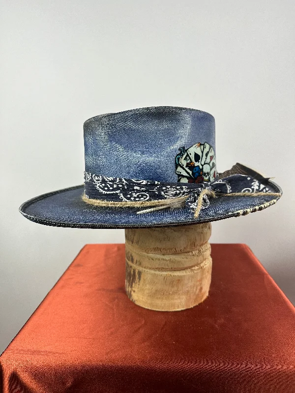 Blue Distressed Rolled Brim Straw